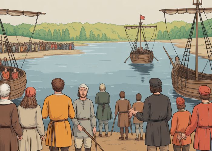 Illustration of Jamestown settlers arriving in Virginia in 1607.