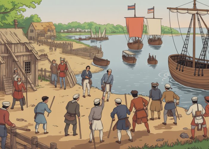 Early Jamestown settlement scene depicting colonists and Virginia Company activities.