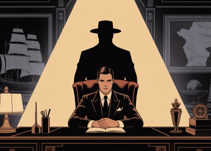 Stylized portrait of Jay Gatsby with a shadowy figure of Dan Cody in the background, representing their mentorship.