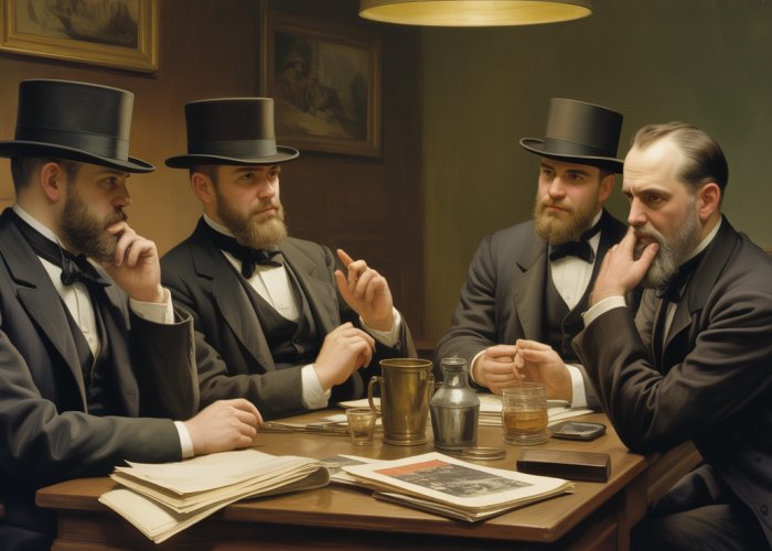 Historical painting of Jay Gould in a dark room with other railroad tycoons, representing his controversial business methods.