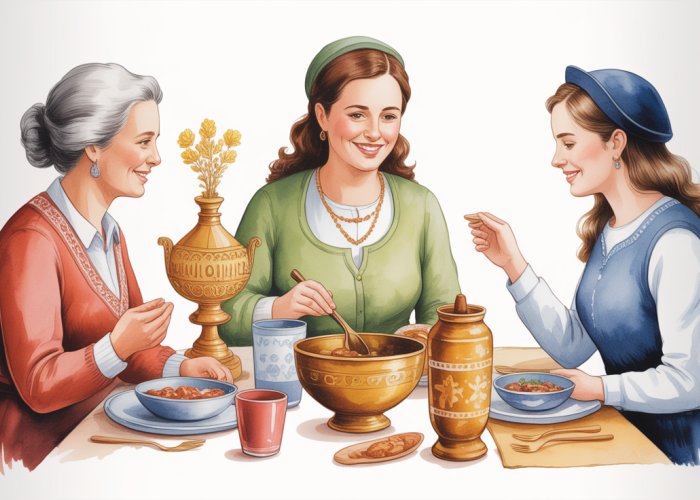Watercolor illustration of three generations of Jewish women celebrating their heritage, emphasizing matrilineal descent.
