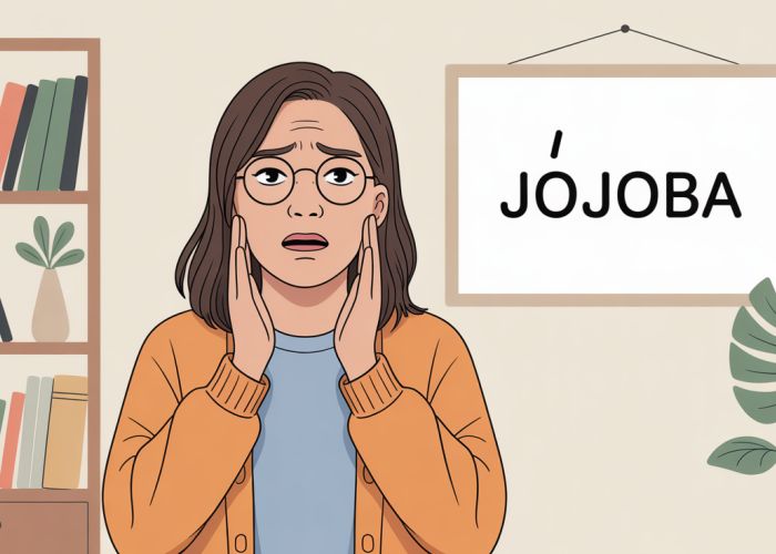 Person frowning while trying to say 'jojoba' correctly.