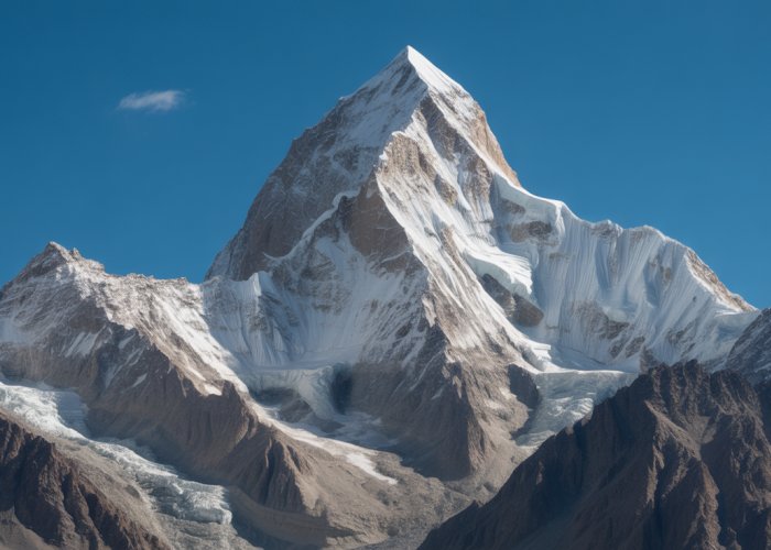 Snow-covered peak in the Karakoram mountain range showing its incredible height.