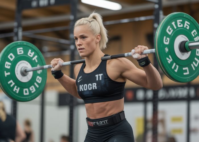 Katrin Davidsdottir performing a snatch during a CrossFit competition.