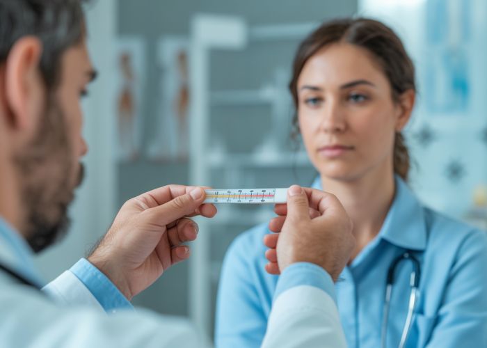 Doctor checking patient's temperature, showing Kelvin scale conversion chart for understanding human body temperature in Kelvin.
