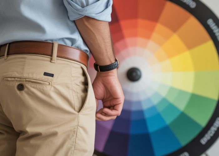 Man using a color wheel to find complementary colors to his khaki pants.