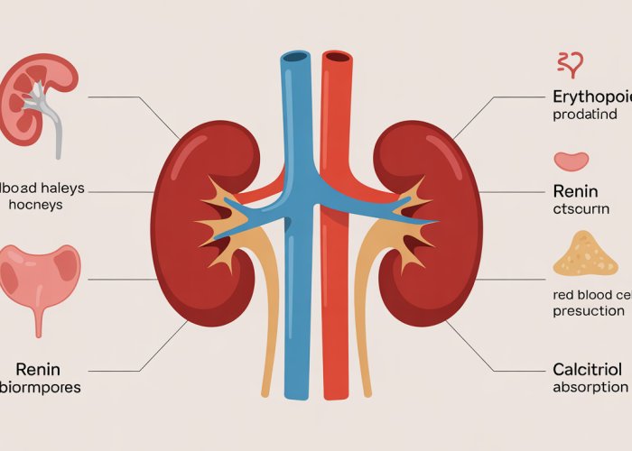 Diagram of kidneys highlighting erythropoietin, renin, and calcitriol production, essential hormones for blood pressure, red blood cell count, and calcium regulation.