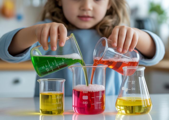 Child carefully pours colorful liquid into beaker for a fun science experiment.