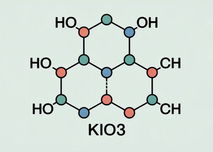 KIO3 Lewis Structure. Diagram showing the potassium iodate molecule's structure, including bonds, lone pairs, and formal charges.