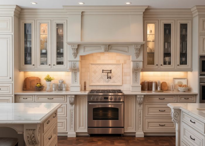 Kitchen cabinet trim ideas: Detailed custom trim on kitchen cabinets creating a modern and classic design.