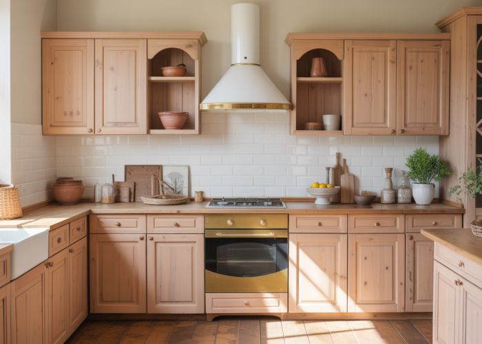 Kitchen with natural pine wood finish cabinets and modern design accents.