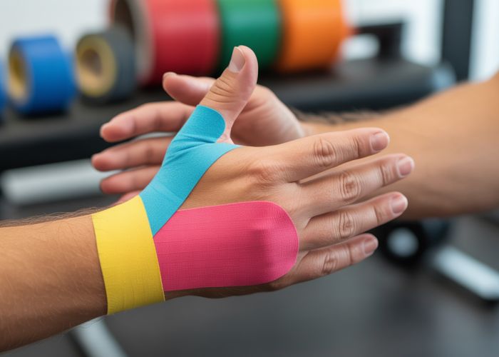 KT Tape application for De Quervain's tenosynovitis, showing the tape supporting the thumb and wrist.