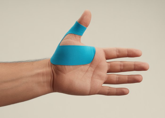 Hand with KT Tape applied to thumb for support, showing specific kinesiology taping technique.