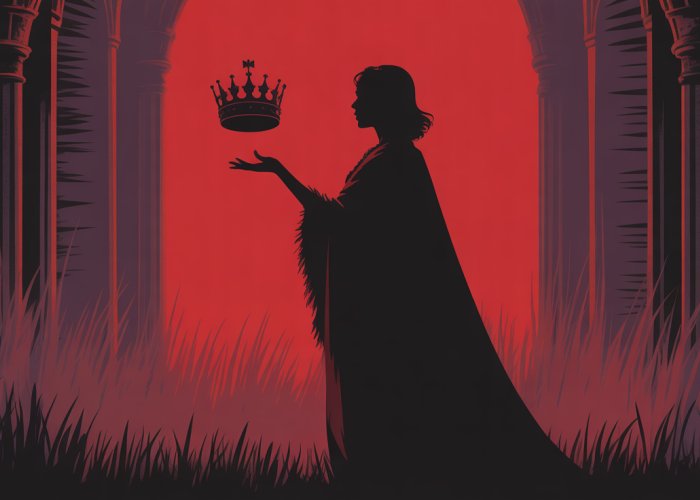 Silhouette of Lady Macbeth reaching for a floating crown, symbolizing her ambition and the perceived role of women in Macbeth's downfall.