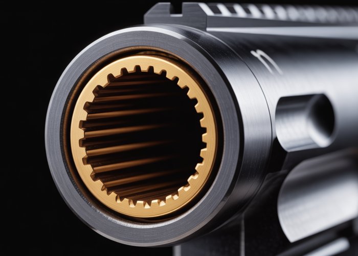 Close-up view of land and groove rifling inside a firearm barrel.