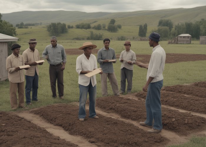 Historical photograph showing farmers receiving land deeds during a land redistribution program.