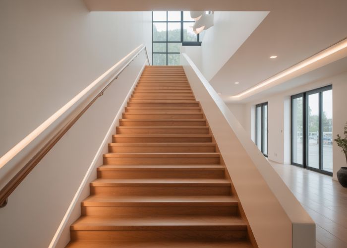 Wide staircase with large landing and modern design elements emphasizing accessibility.