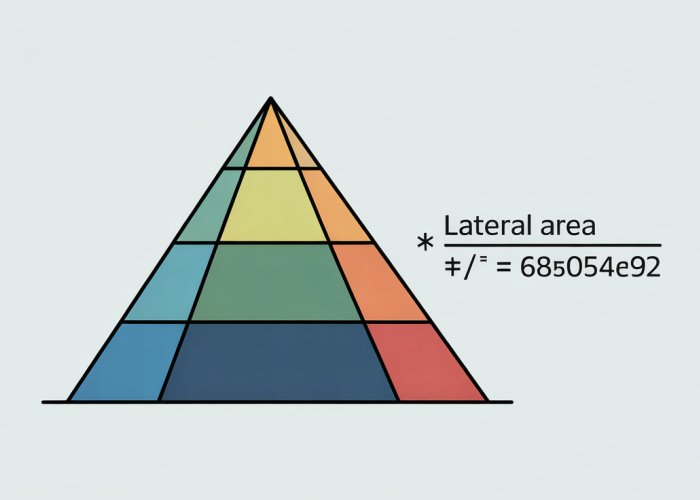 Illustration showing the lateral area of a pyramid and the formula used to calculate it: Lateral Area = 1/2 * perimeter of base * slant height.