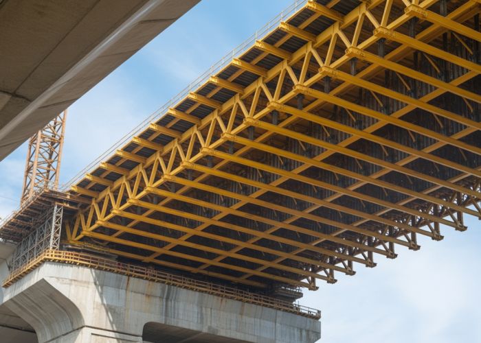 Lateral support structure of a bridge under construction, showing intricate network of beams and braces.