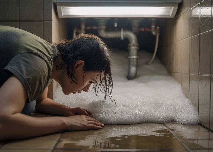 Overwhelmed homeowner looking at a clogged laundry drain with overflowing water.