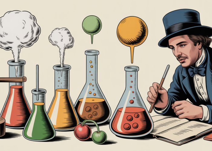 Vintage illustration of Lazzaro Spallanzani's experiment showing boiled and sealed flasks remaining sterile, while unsealed flasks teem with microbes.