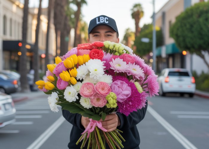 LBC Express courier delivering a beautiful flower bouquet in Los Angeles