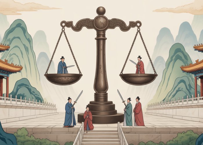 Symbolic representation of Legalism in ancient China, featuring scales, swords, and Qin dynasty architecture.
