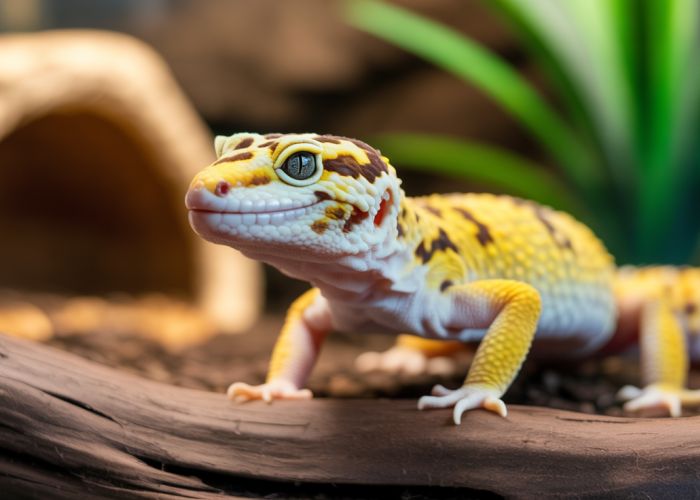 Healthy leopard gecko with bright colors in a well-maintained terrarium.