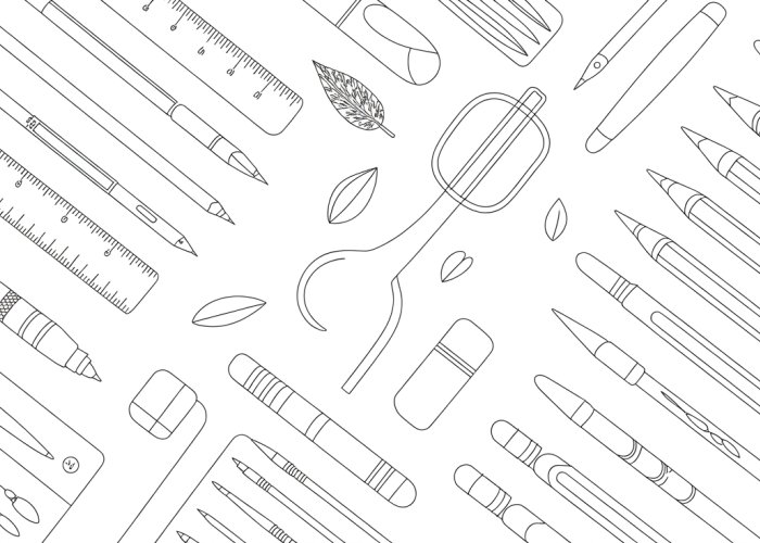 Illustration of essential line art tools: pens, pencils, rulers, and erasers.