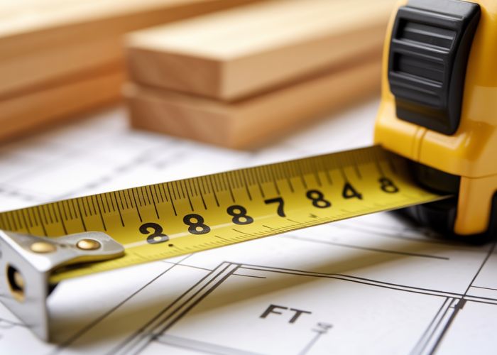 Measuring tape showing 'ft' for feet, illustrating the linear feet abbreviation.