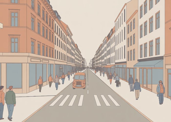 Illustration of a European city street demonstrating one-point linear perspective.