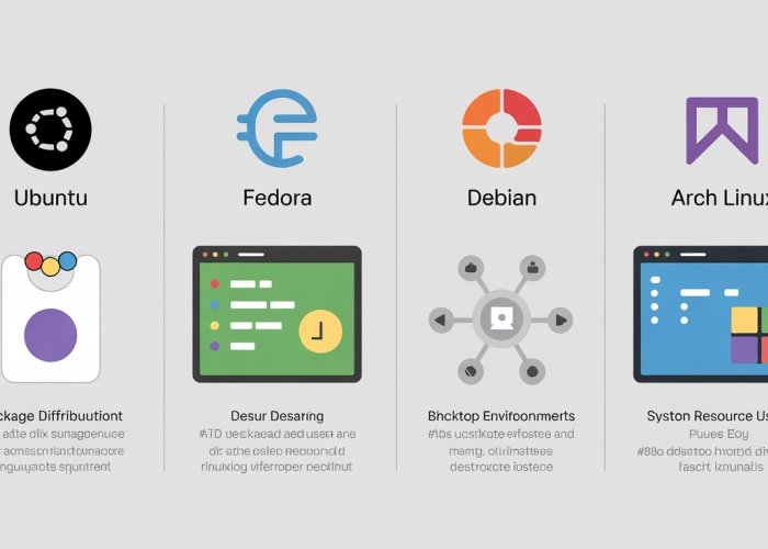 Infographic comparing Linux distributions: Ubuntu, Fedora, Debian, Arch Linux