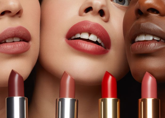 Lipstick swatches on various skin tones demonstrating lip color theory.