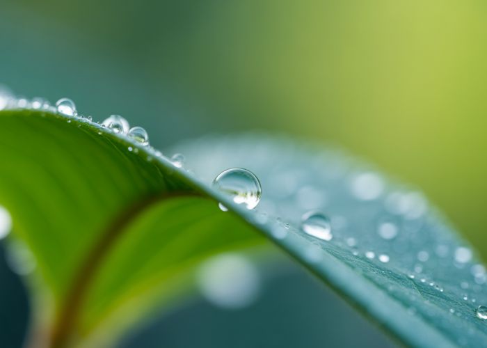 Water droplets on a leaf, illustrating the liquid state of matter.