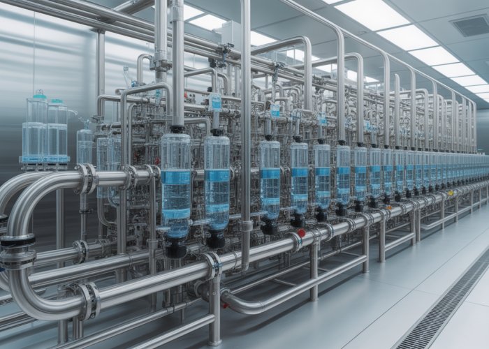 Complex liquid transport system with stainless steel pipes and sensors in a sterile laboratory.