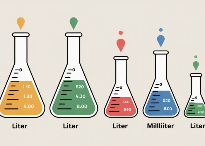 Visual conversion chart showing liters and milliliters equivalents with labeled beakers.