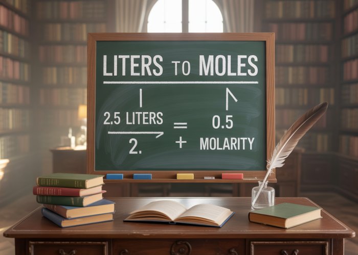 Hands performing a chemistry calculation converting liters to moles with a scientific calculator and beaker.