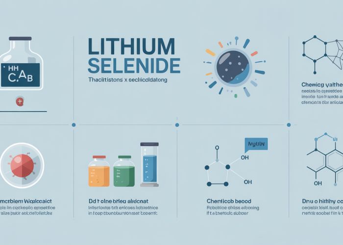 Infographic illustrating the uses of Lithium Selenide, including its applications in semiconductors, batteries, and research, along with chemical properties and safety precautions.