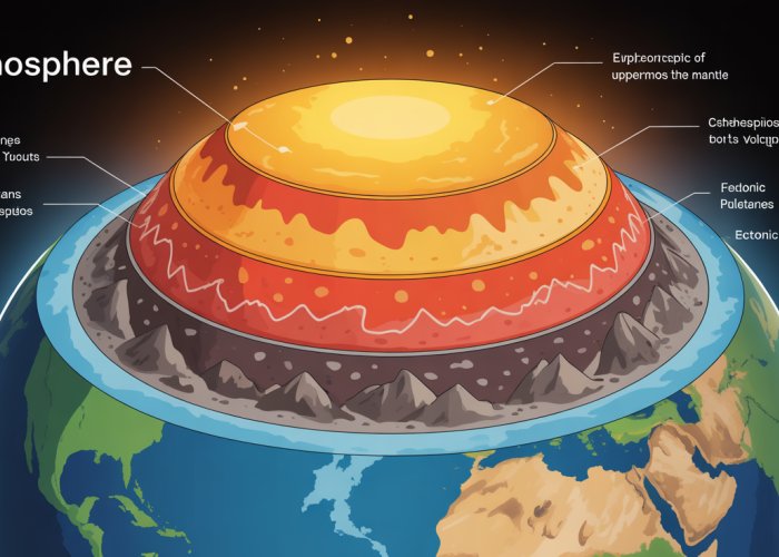 Diagram showing the layers of the Earth: crust, lithosphere, asthenosphere, mantle, outer core, and inner core. The lithosphere is labeled as composed of the crust and the uppermost part of the mantle.
