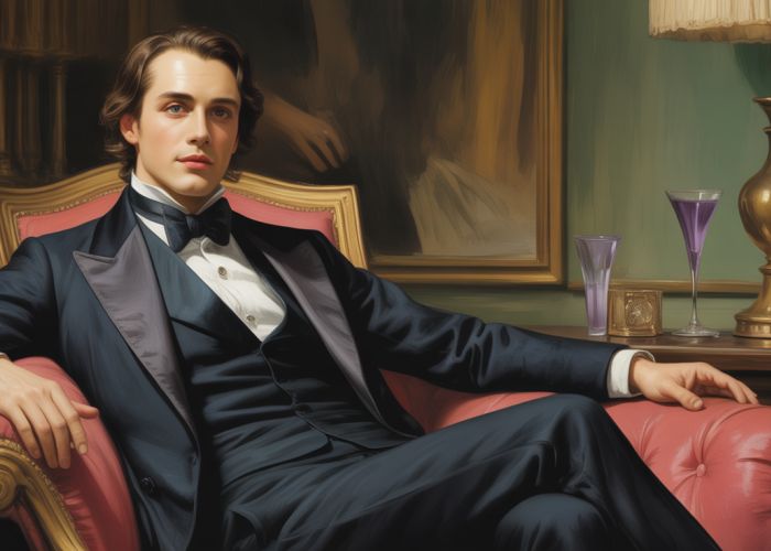 Lord Henry Wotton, a character from 'The Picture of Dorian Gray,' depicted with a mischievous smile and knowing eyes.