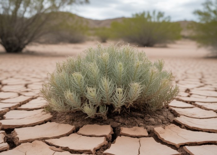 Wilting desert plant with cracked soil, illustrating low water potential.