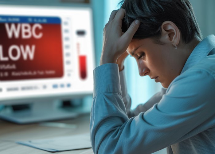 Person looking worried while reviewing blood test results showing low white blood cell count.