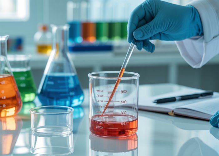 Image of Lowry reagent preparation: A scientist carefully measures chemicals for the Lowry assay in a well-equipped laboratory.