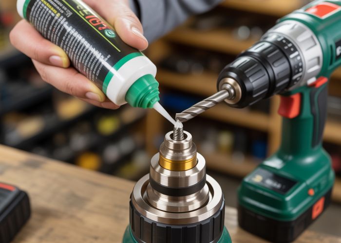 Hand lubricating a power drill chuck for smoother operation and longevity.