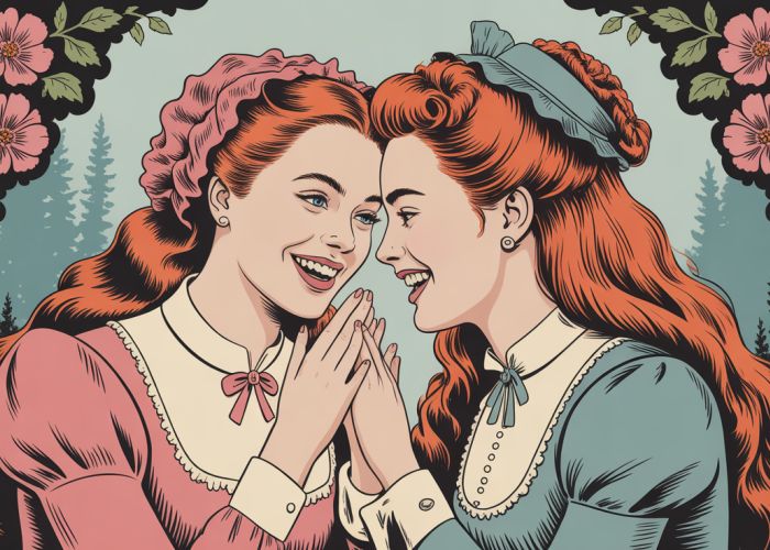 Vintage illustration of Lucy Westenra and Mina Harker laughing in a Victorian garden.