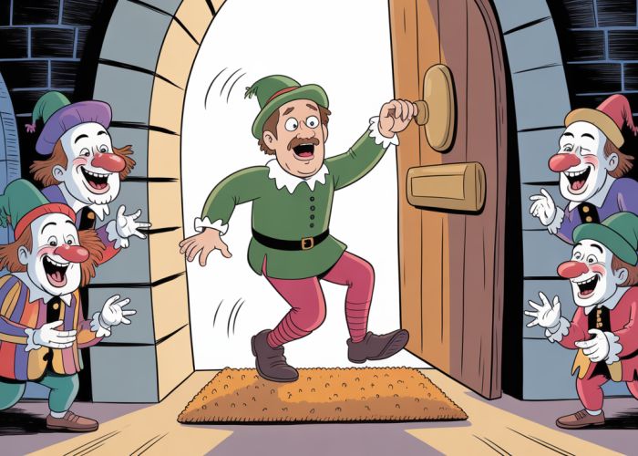 Cartoon of the Porter from Macbeth tripping, with ghostly clowns laughing.
