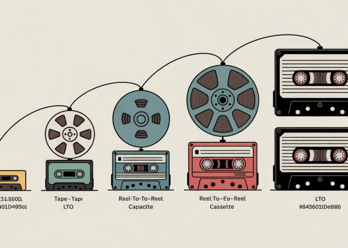 Infographic showing the evolution of magnetic tape capacity from early reel-to-reel to modern LTO tapes, highlighting significant increases in storage density.