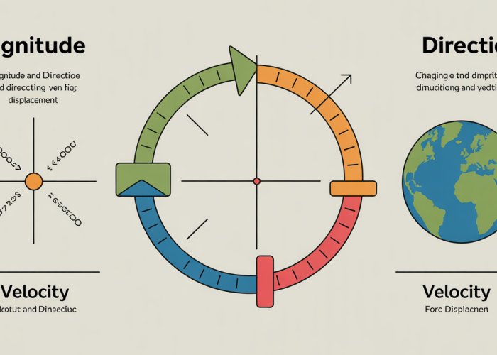 Infographic comparing magnitude and direction with examples like velocity and force.