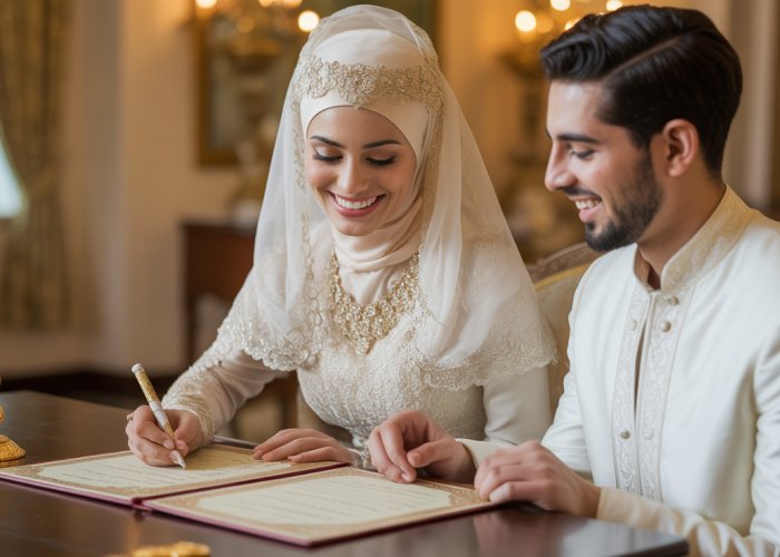 Muslim bride and groom signing their marriage contract, symbolizing the Mahr (dowry).