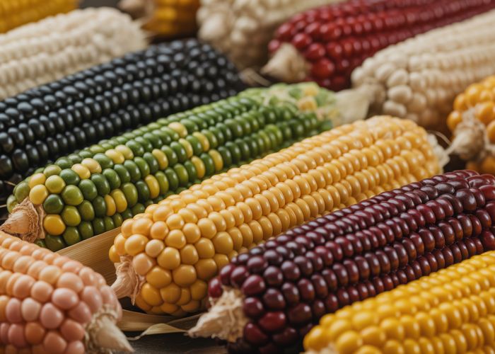 Different varieties of maize kernels showcasing the diversity within the Poaceae family.
